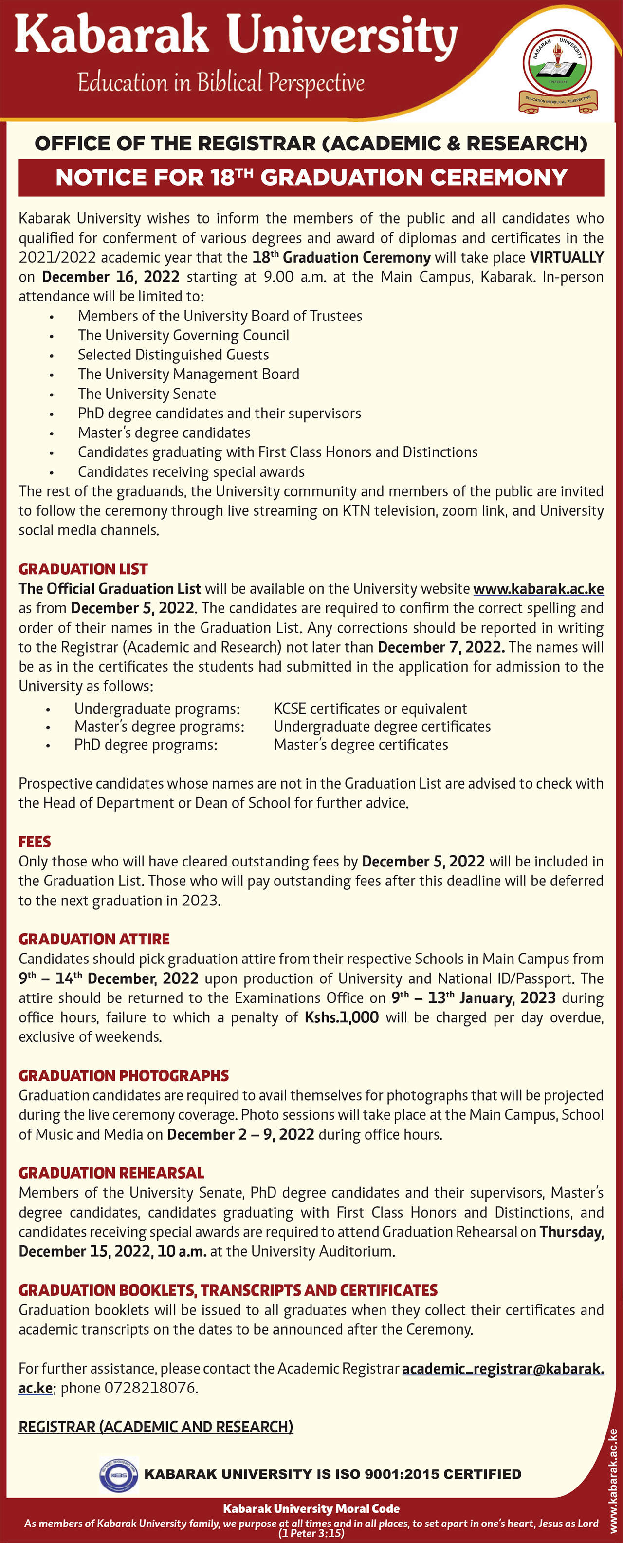 Notice for 18th Graduation Ceremony